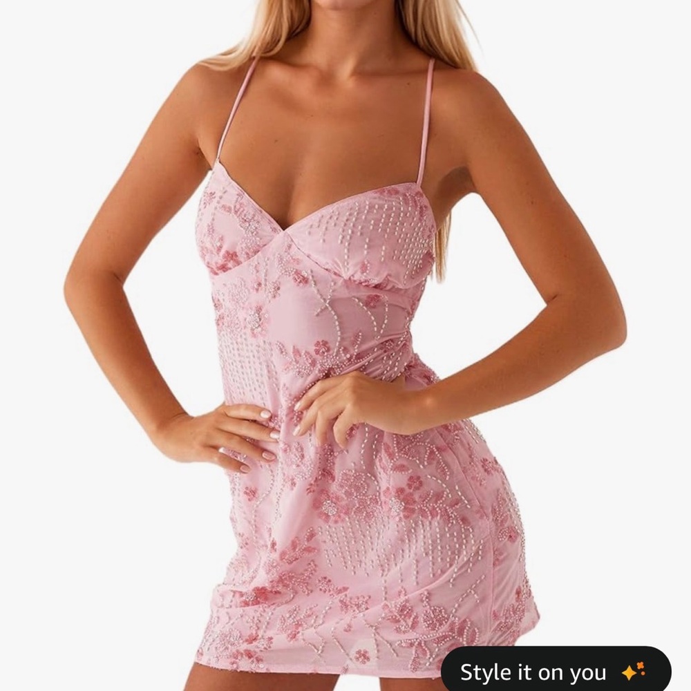 Pink Beaded Floral Slip Dress